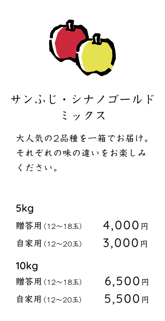 シナノゴールド・サンふじミックス 大人気の2品種を一箱でお届け。それぞれの味の違いをお楽しみください。